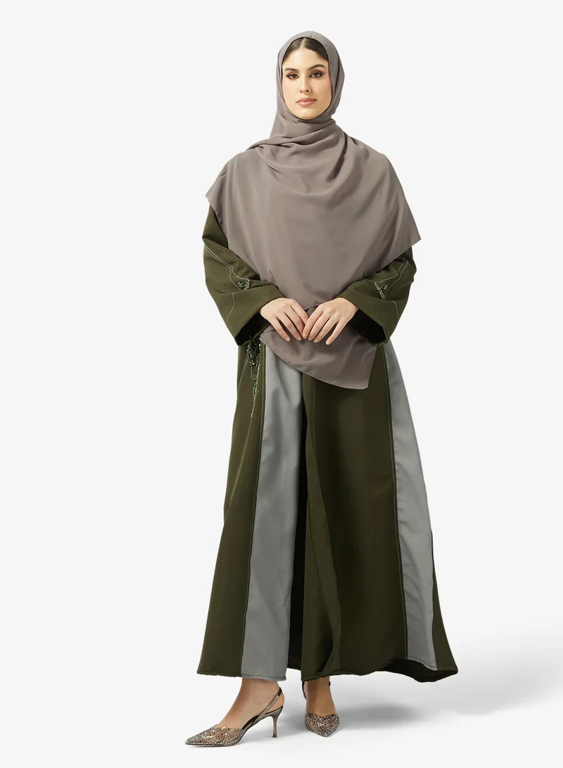Two Tone Floral Embellished Open Front V Neck Abaya